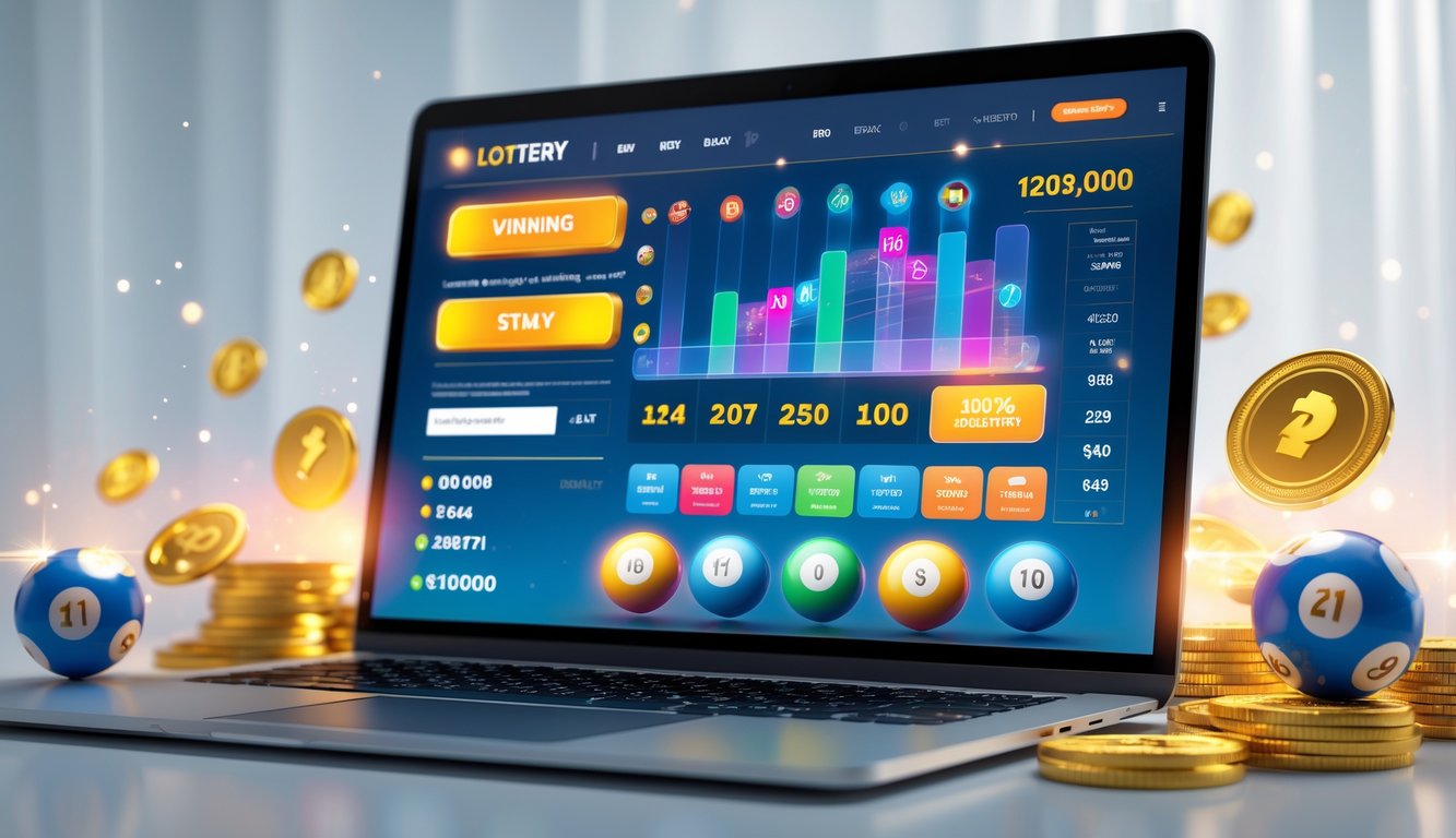 Sebuah laptop modern yang menampilkan situs togel online dengan koin emas dan bola togel di sekitarnya.