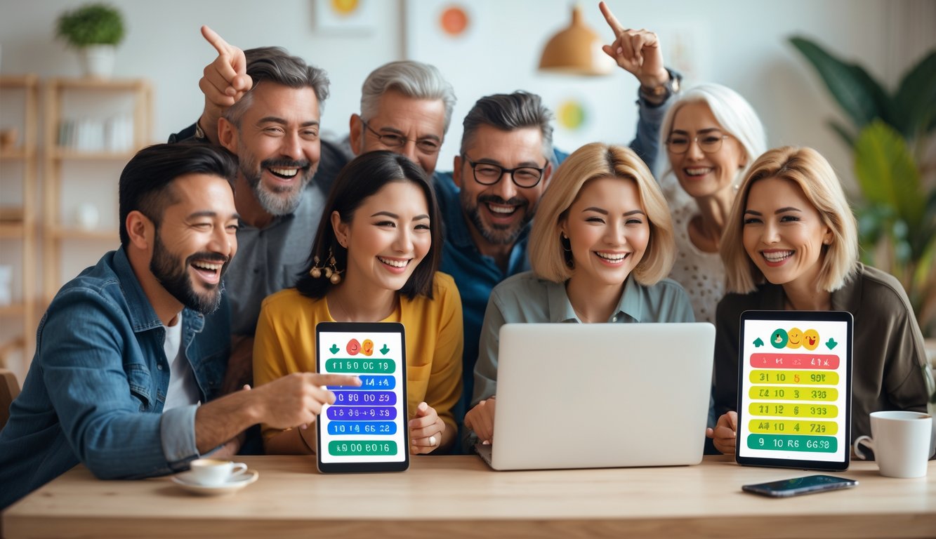 Sekelompok orang dewasa tersenyum dan bermain togel online bersama di rumah dengan laptop dan ponsel.