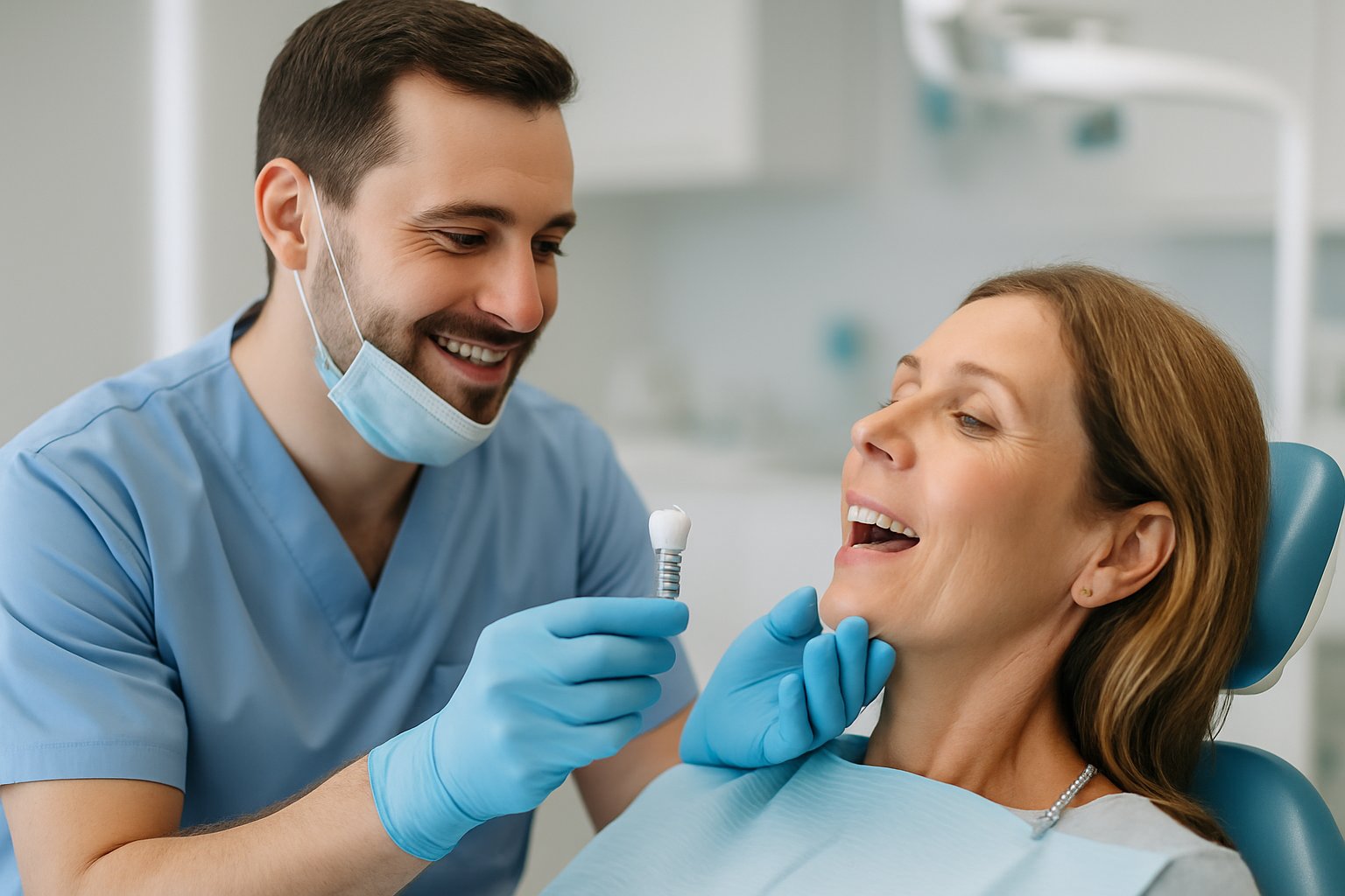 A dentist and patient during a dental implant procedure in a modern clinic.