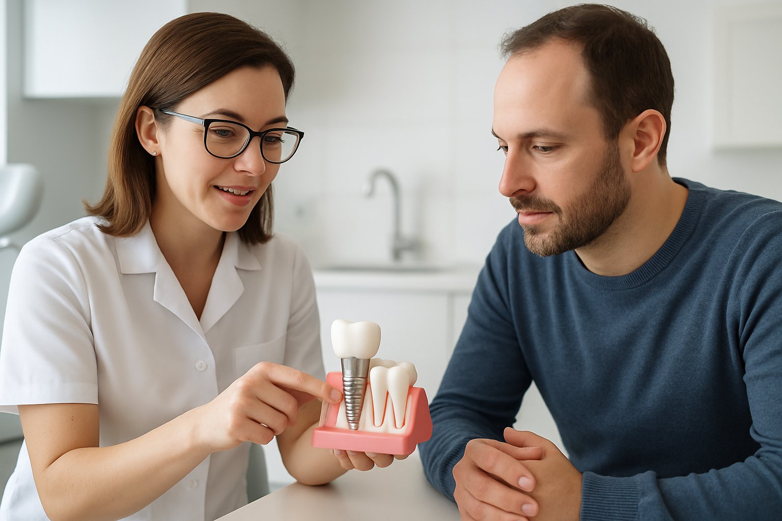 A dentist and patient in a modern clinic discussing dental implants during a consultation.