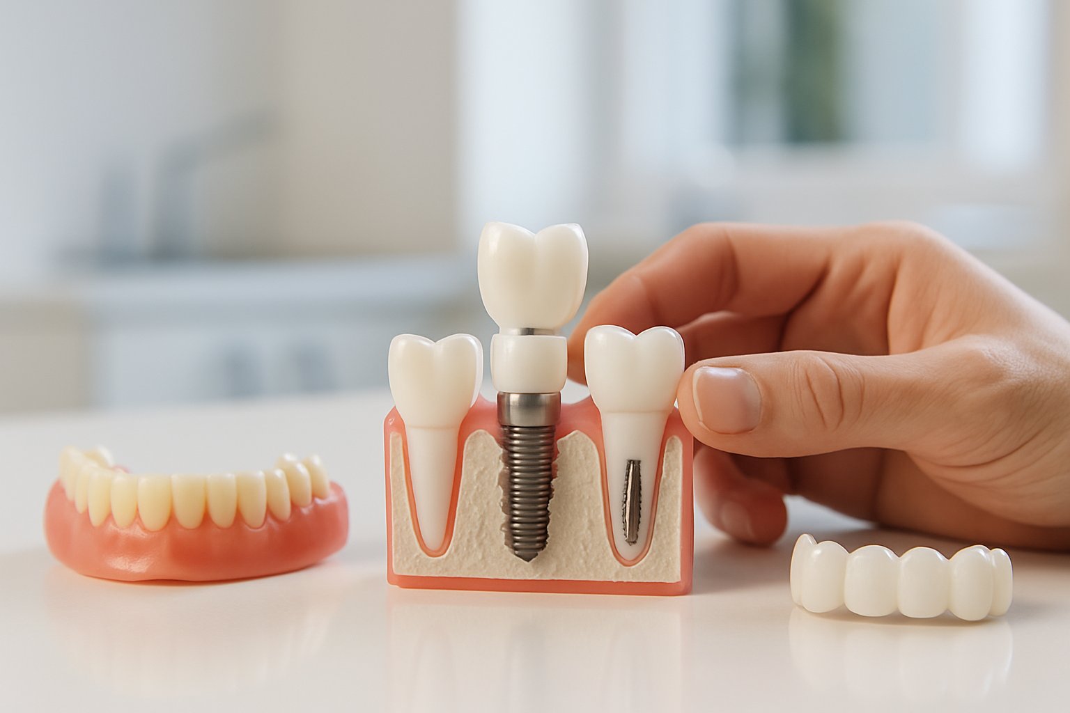 A dental professional's hand holding a dental implant model with various dental implants and alternatives displayed on a clinic countertop in a modern dental office.