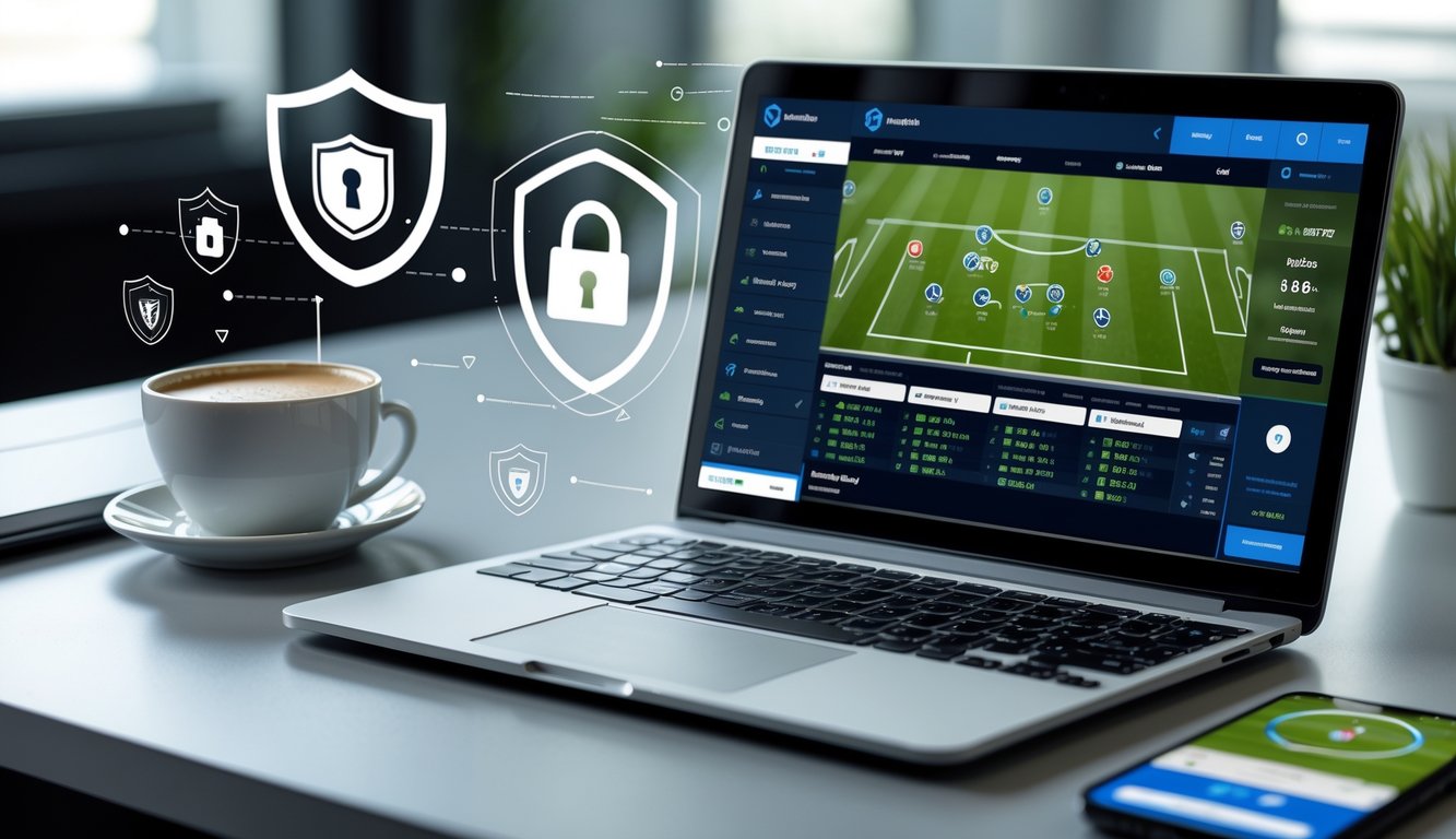 Seorang pengguna sedang melihat layar laptop dengan tampilan taruhan sepak bola online, di meja terdapat kopi dan ponsel yang menampilkan pertandingan sepak bola.