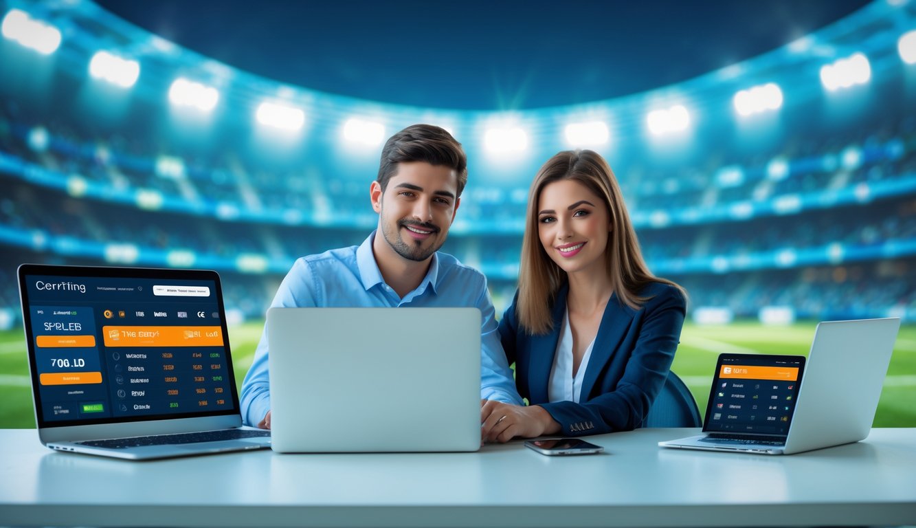 Dua orang muda duduk di meja dengan perangkat digital yang menampilkan antarmuka taruhan olahraga, latar belakang stadion olahraga dengan lampu terang dan kerumunan penonton.