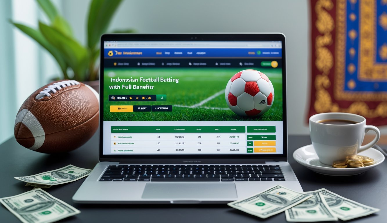 Meja kerja dengan laptop yang menampilkan situs taruhan sepak bola, bola sepak, uang rupiah, dan cangkir kopi, dengan elemen budaya Indonesia di latar belakang.