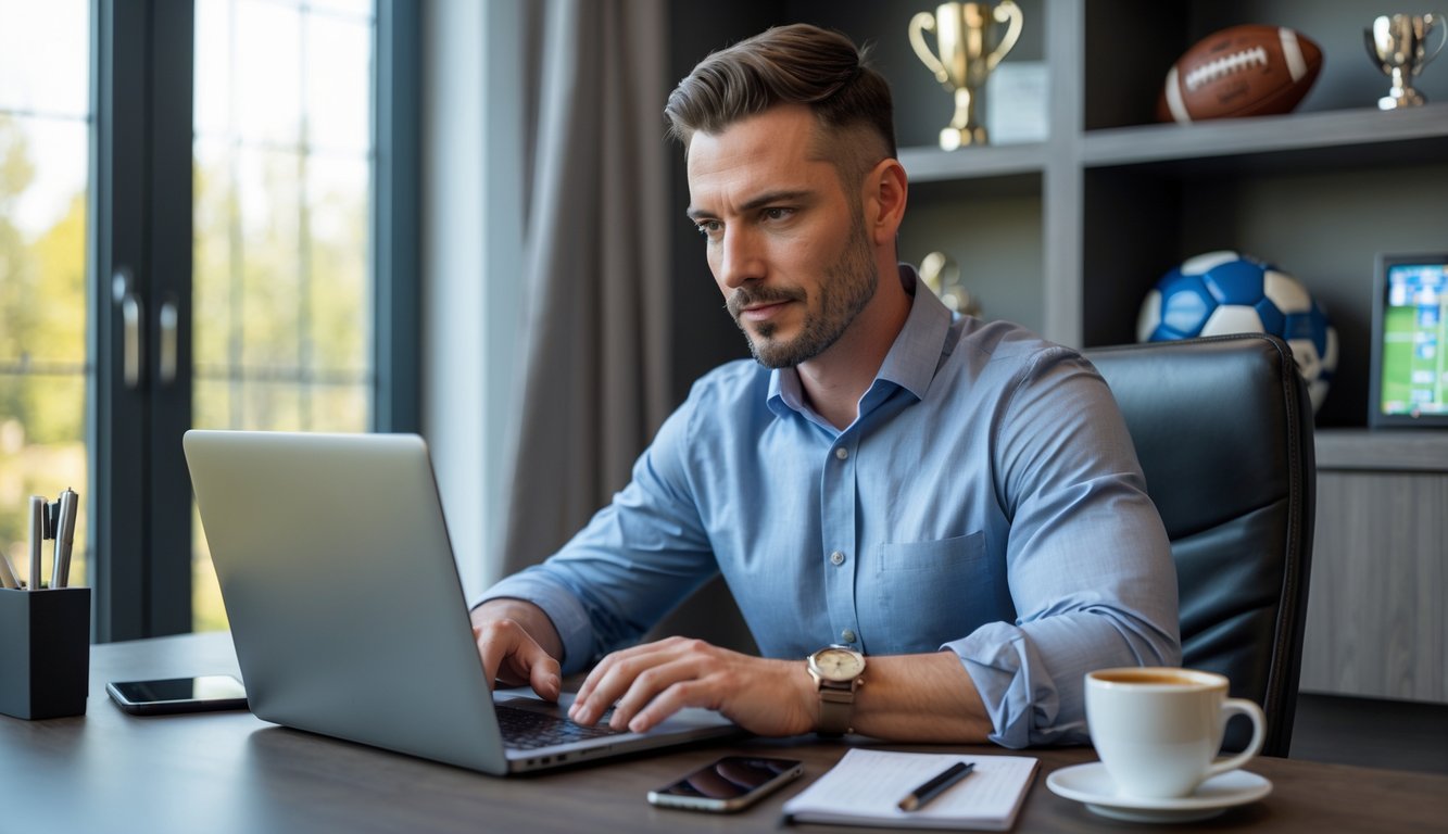 Seorang pria sedang menggunakan laptop di ruang kerja rumah dengan peralatan olahraga di latar belakang.