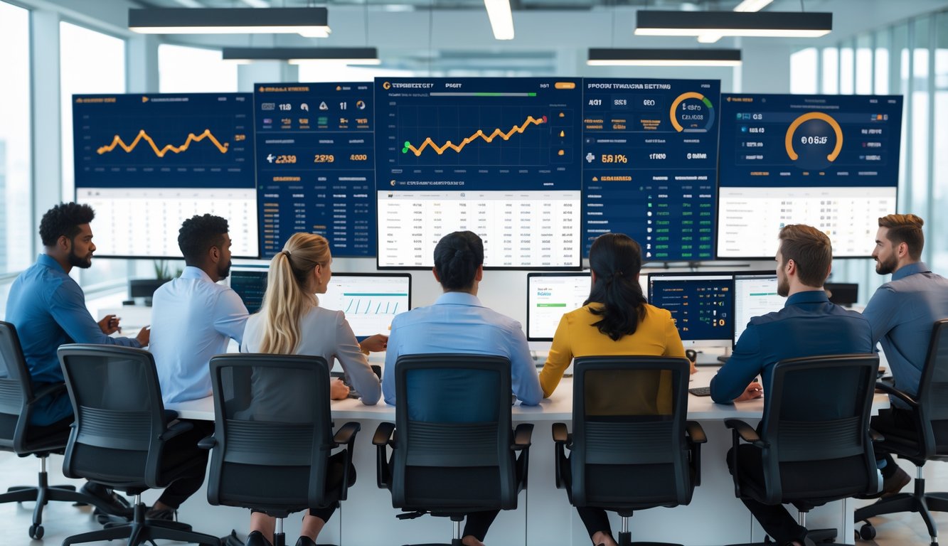 Sekelompok orang profesional sedang bekerja bersama di kantor modern dengan layar digital yang menampilkan data taruhan olahraga dan grafik pembayaran cepat.