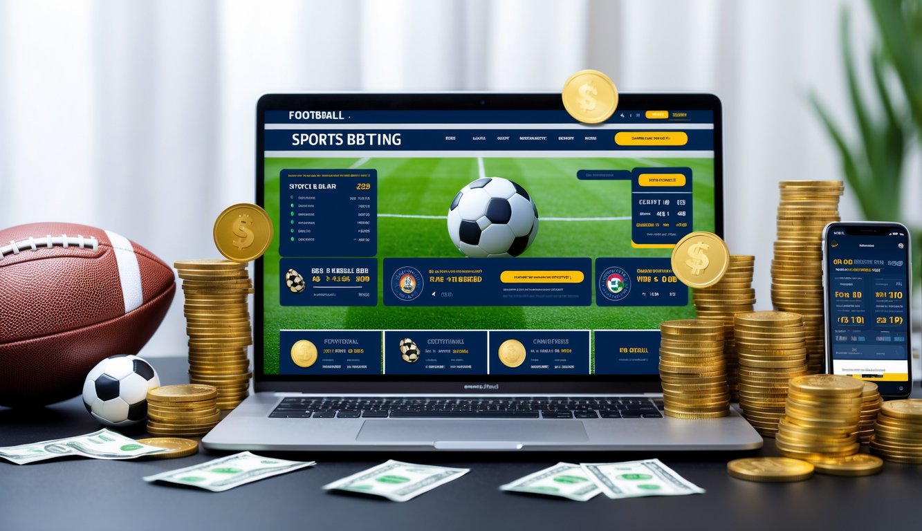 Seseorang menggunakan laptop dengan situs taruhan bola online yang menampilkan pertandingan sepak bola dan simbol bonus di meja kerja.