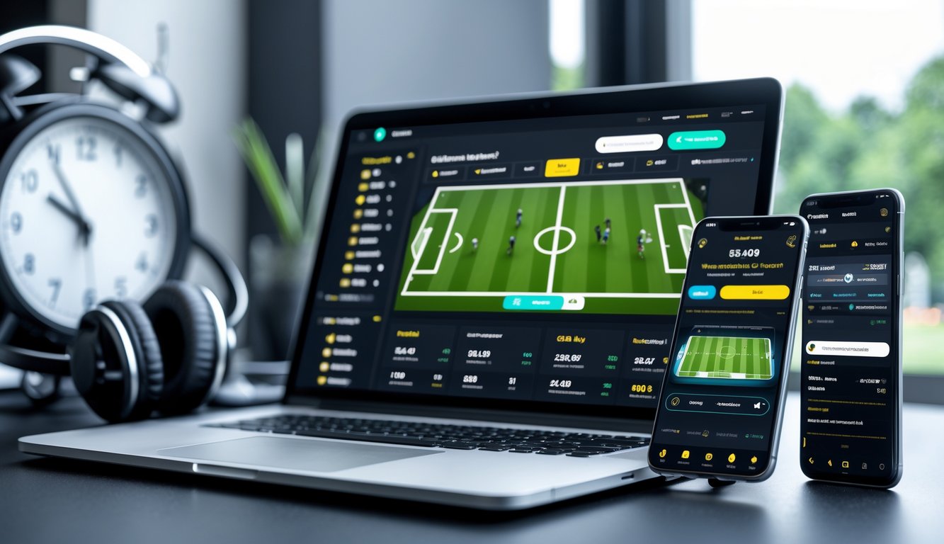 Seorang pria menggunakan laptop dan ponsel untuk taruhan bola online dengan tampilan pertandingan sepak bola di layar.