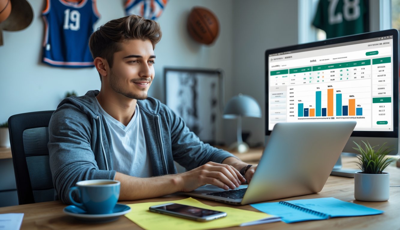 Seorang pria muda duduk di meja dengan laptop terbuka, menganalisis statistik taruhan olahraga di ruang kerja modern.