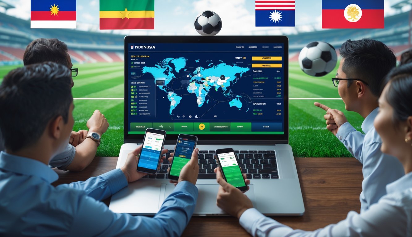 Sekelompok orang menggunakan ponsel dan laptop untuk taruhan sepak bola dengan latar belakang stadion dan peta dunia.