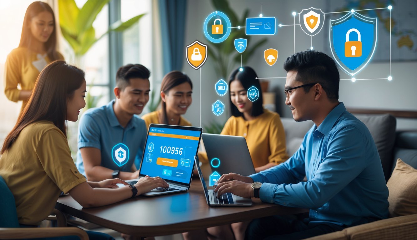 Orang-orang menggunakan laptop dan ponsel di lingkungan yang nyaman dengan simbol pembayaran aman dan cepat, menggambarkan bandar bola online di Indonesia.