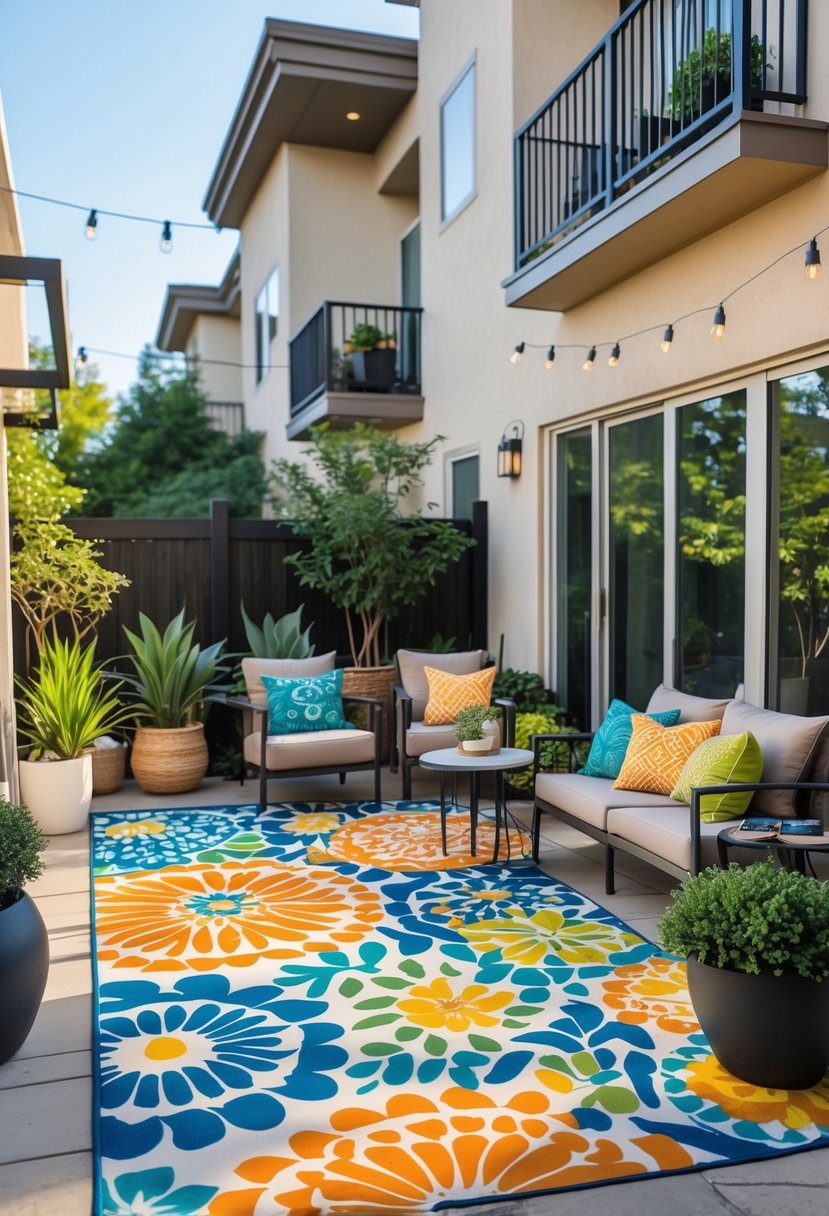 Apartment patio with colorful outdoor rugs, seating, plants, and decorative lights.
