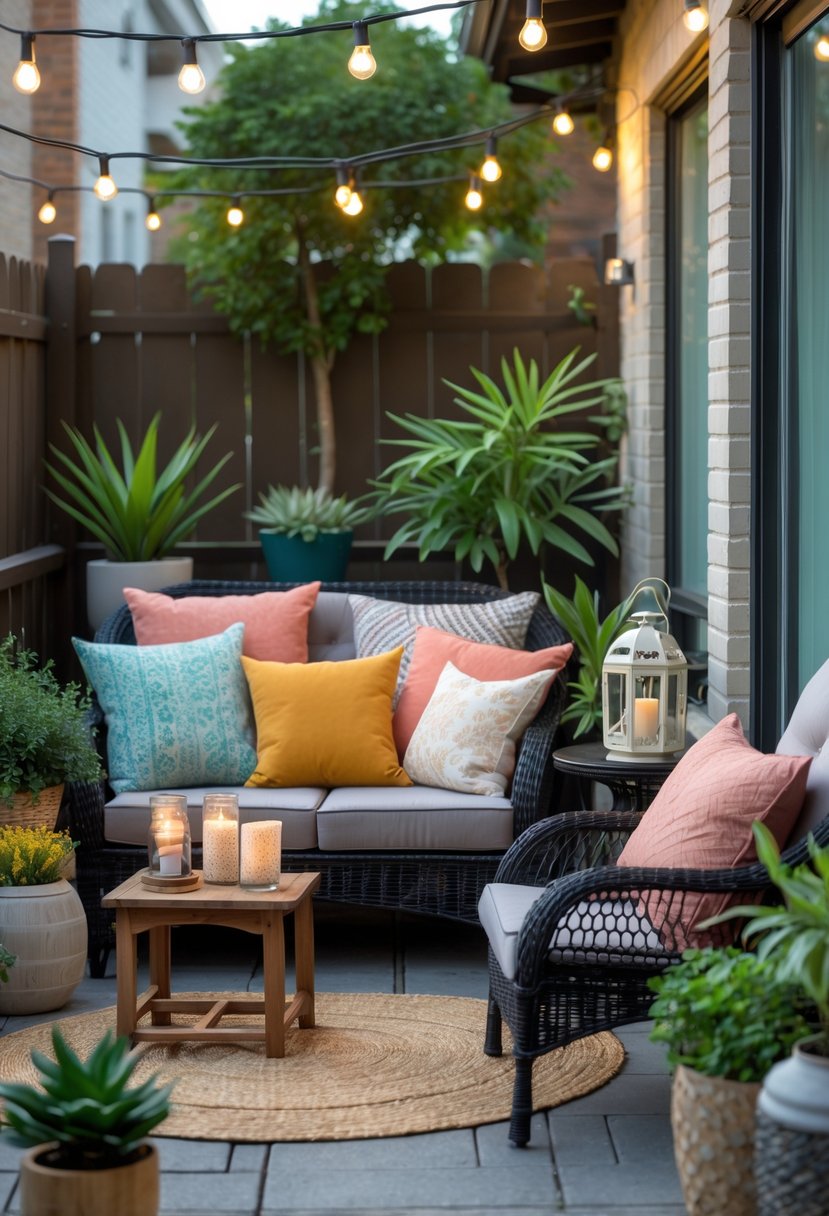 A small apartment patio with outdoor seating adorned with colorful throw pillows, surrounded by plants and soft lighting.
