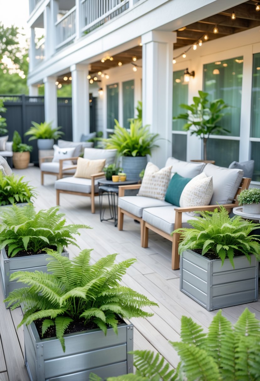 An apartment patio decorated with medium-sized planter boxes filled with green ferns, cozy seating, and decorative plants.