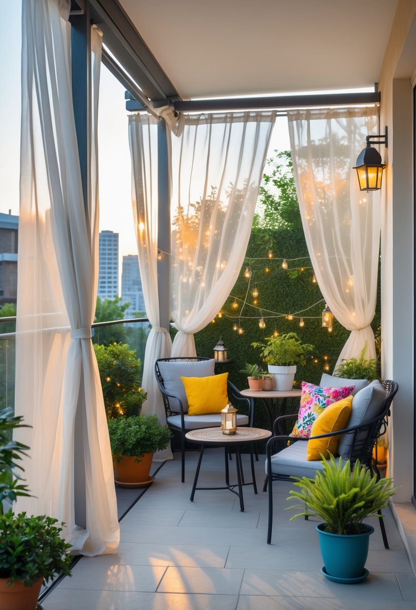 Apartment patio with sheer curtains, outdoor furniture, plants, and soft natural light creating a private and cozy outdoor space.