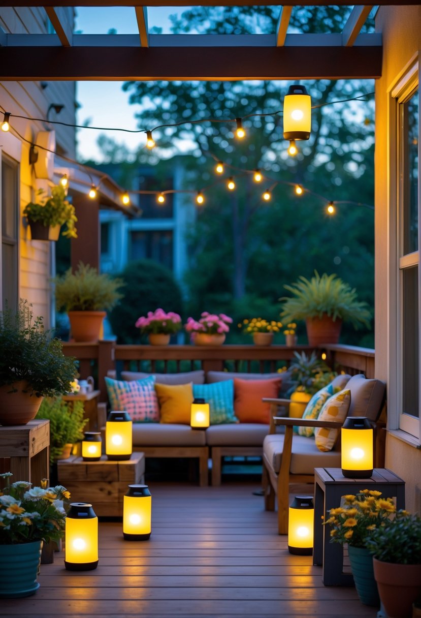 Apartment patio with solar-powered lanterns glowing, surrounded by plants, seating, and decorative elements in a cozy outdoor space.