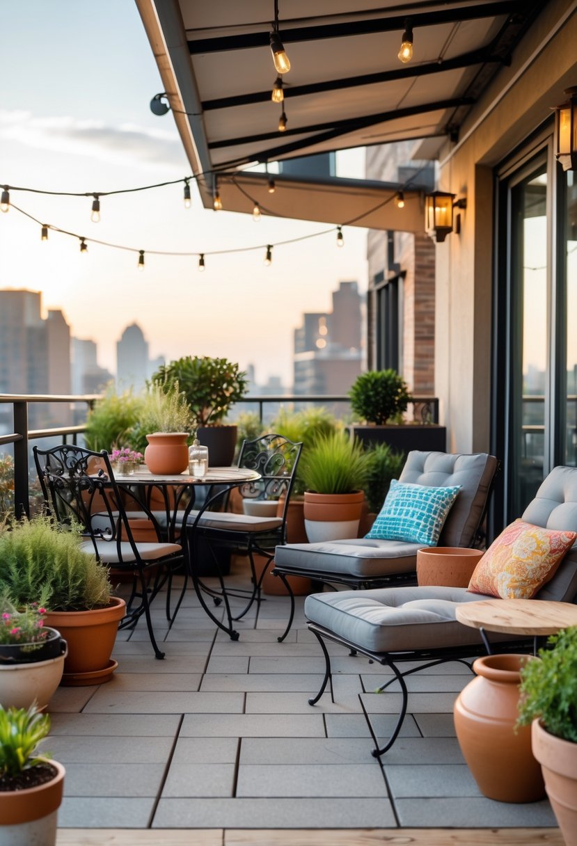 Apartment patio with a mix of outdoor furniture, plants, and decorative lighting under natural daylight.