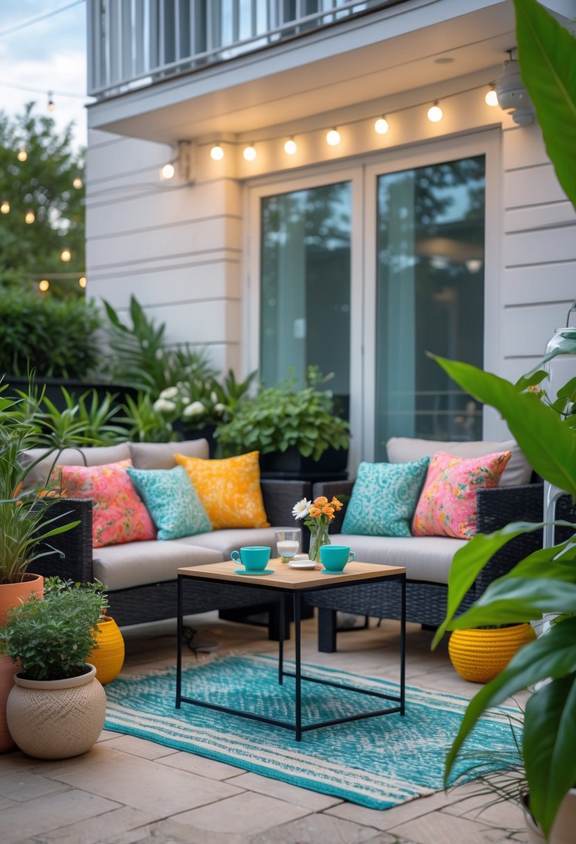 A small apartment patio with a coffee table set for drinks surrounded by plants and cushions.