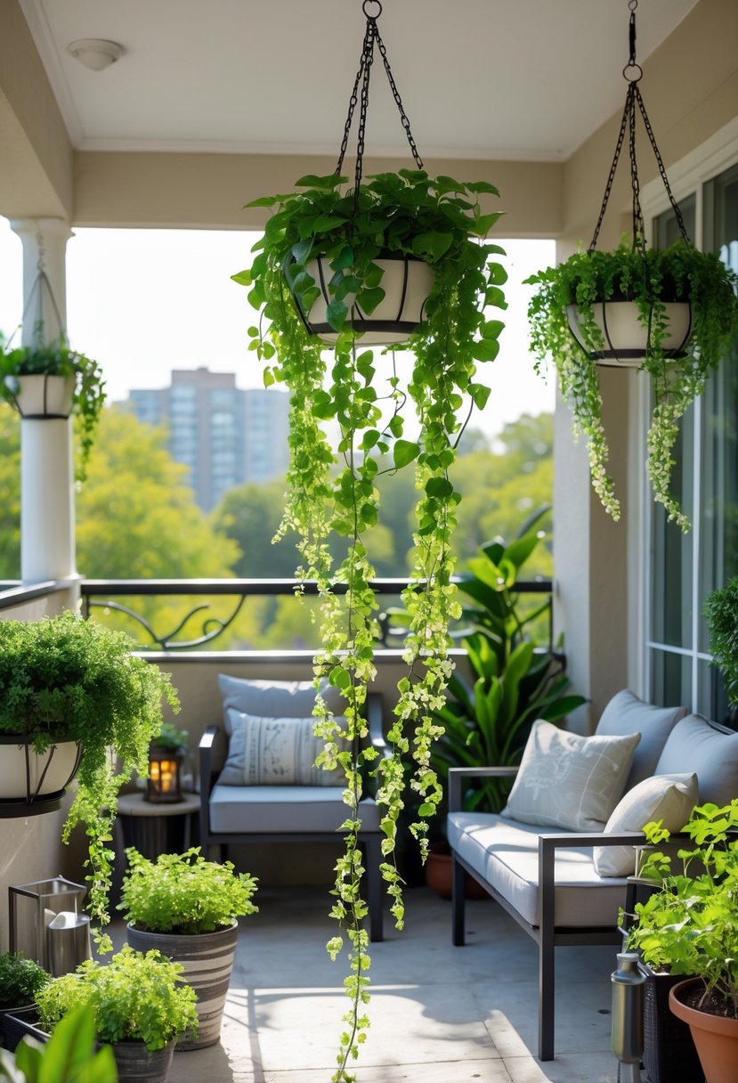 Apartment patio with hanging planters and trailing vines, surrounded by comfortable seating and various potted plants.