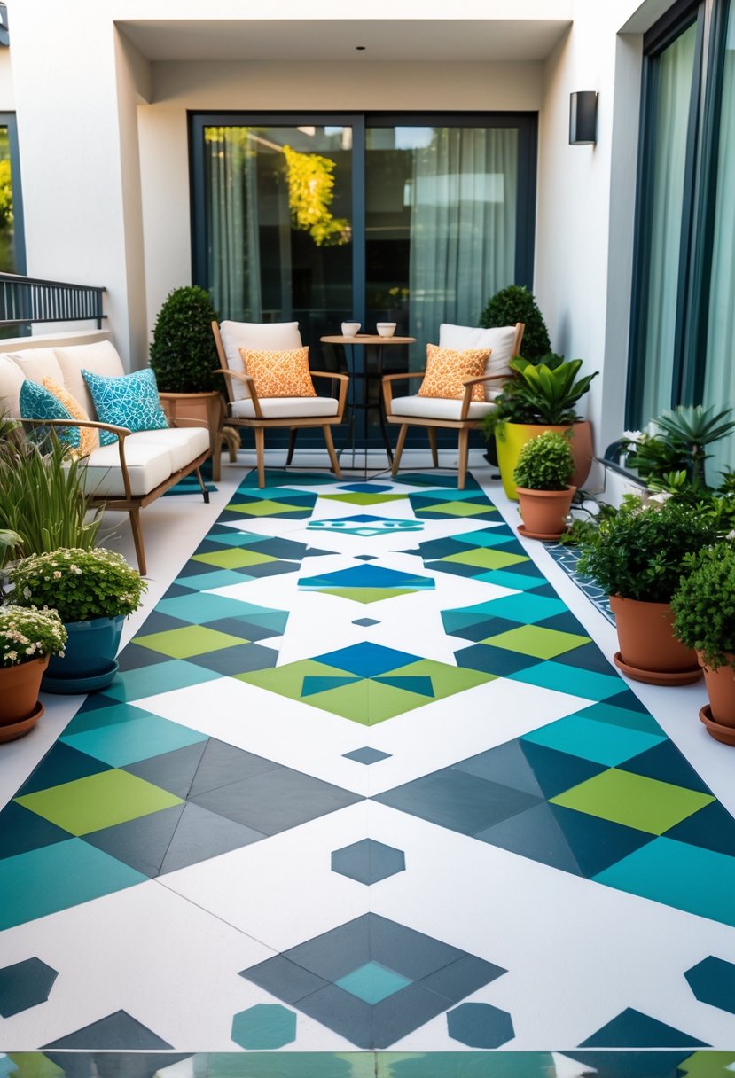 Apartment patio with a colorful geometric painted floor, outdoor furniture, and potted plants.