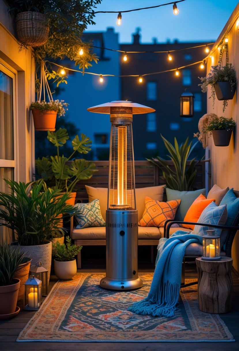 An apartment patio with a compact outdoor heater surrounded by seating, plants, string lights, and decorative elements creating a cozy outdoor space.