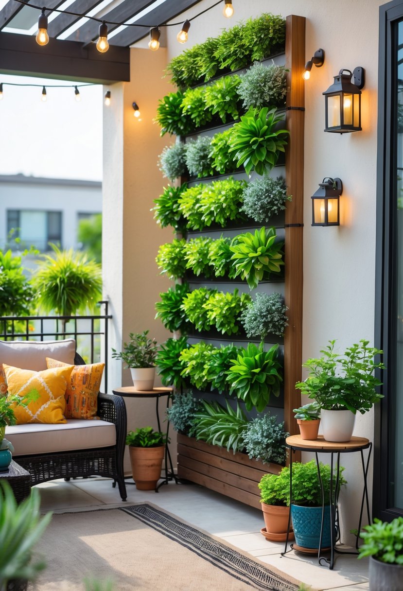 Apartment patio with a vertical garden wall, seating area, and decorative plants.