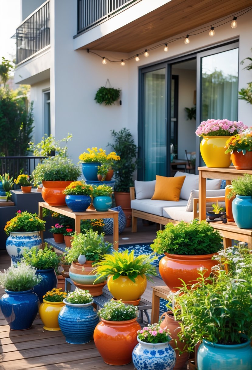 Apartment patio with colorful ceramic pots filled with plants and flowers arranged around seating and wooden decking.