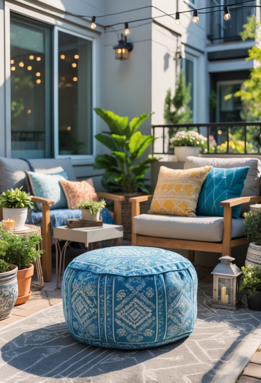 An apartment patio with a weather-resistant pouf ottoman surrounded by plants, cushions, and outdoor furniture.