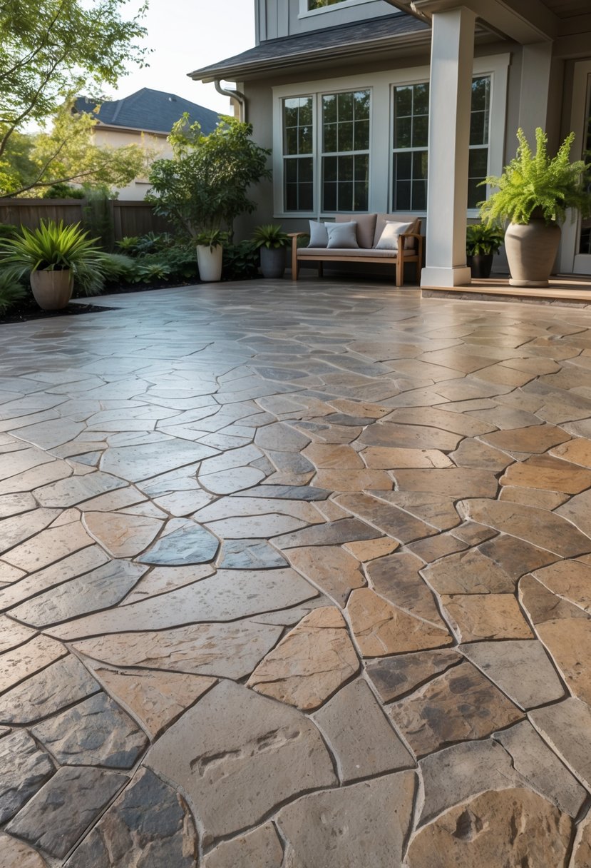 Outdoor patio with stamped concrete showing a random stone pattern in two-tone colors, surrounded by plants and outdoor furniture.