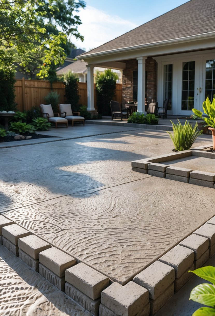 Outdoor patio with stamped concrete surface and rectangular stone border surrounded by plants and outdoor furniture.