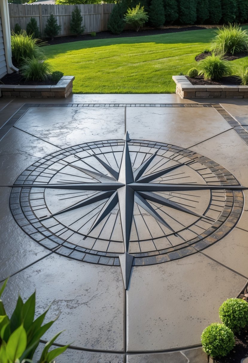 A large outdoor stamped concrete patio with compass-themed radius lines surrounded by green grass and plants.