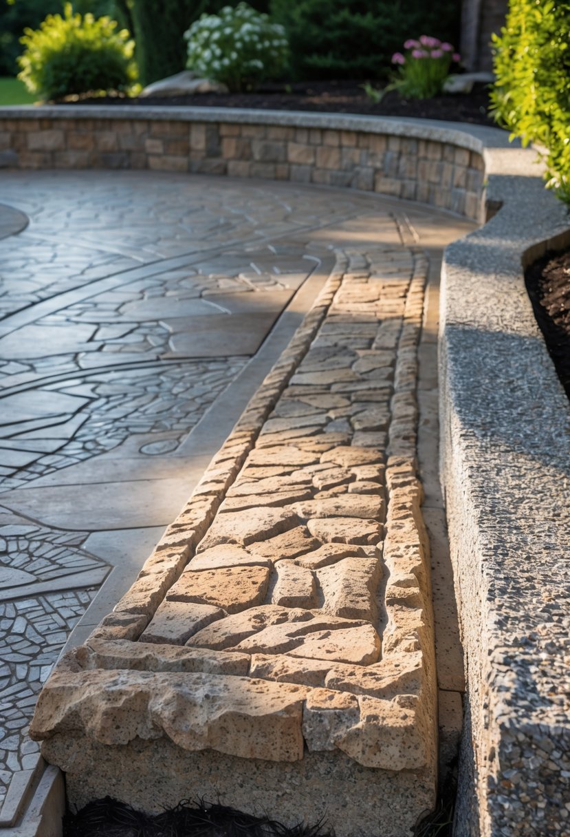 Outdoor stamped concrete patio with a hand-tooled border and a rough granite stone overhang in a backyard setting.