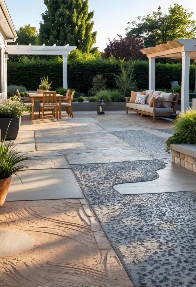 An outdoor patio with various stamped concrete patterns and exposed aggregate finishes surrounded by plants and outdoor furniture.