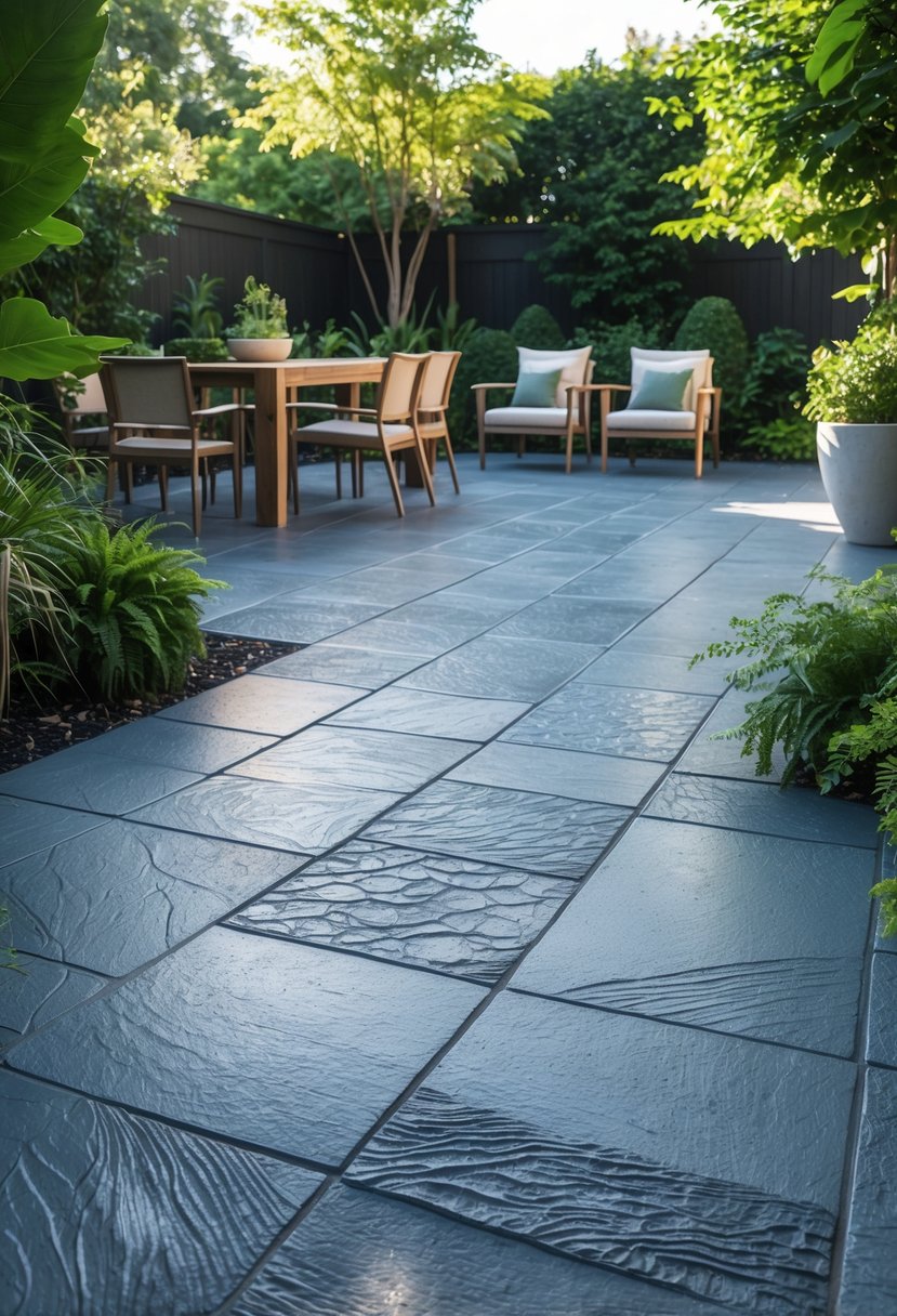 Outdoor patio with stamped concrete featuring a slate texture pattern, surrounded by plants and outdoor furniture.