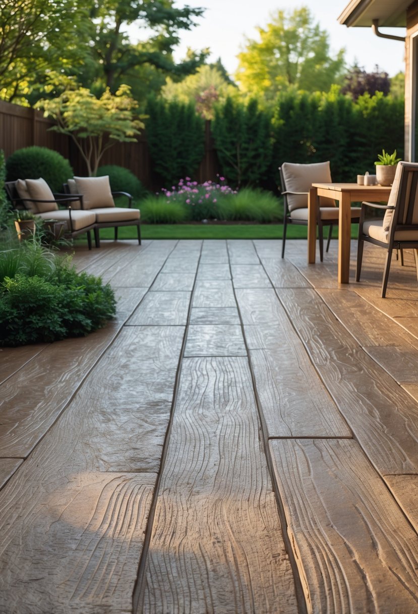Outdoor patio with stamped concrete designed to look like wood planks, surrounded by plants and outdoor furniture.