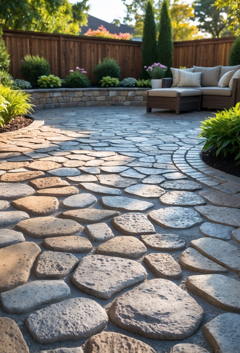 Outdoor patio with a cobblestone patterned stamped concrete surface, surrounded by plants and outdoor furniture.