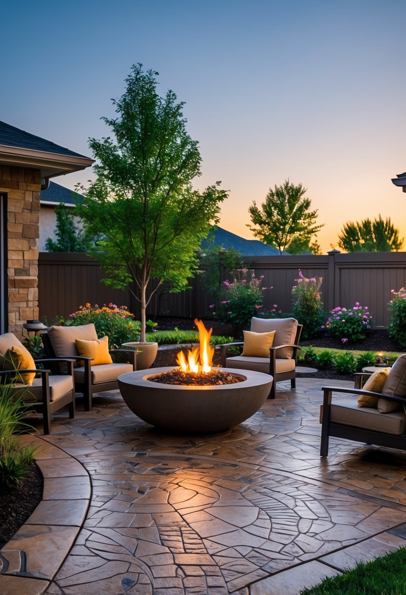 Outdoor patio with stamped concrete flooring and a built-in firepit surrounded by seating in a backyard garden.
