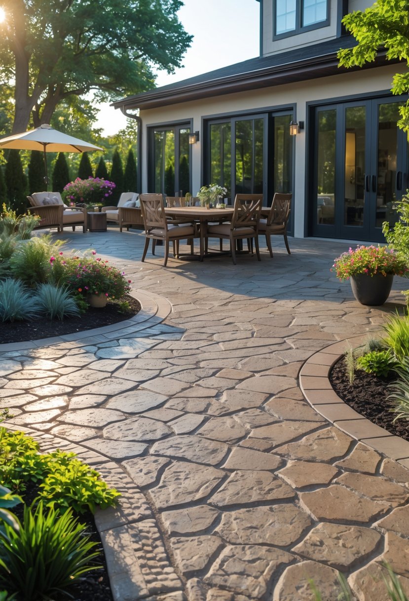 Outdoor patio with tumbled stone pattern stamped concrete, surrounded by plants and outdoor furniture.