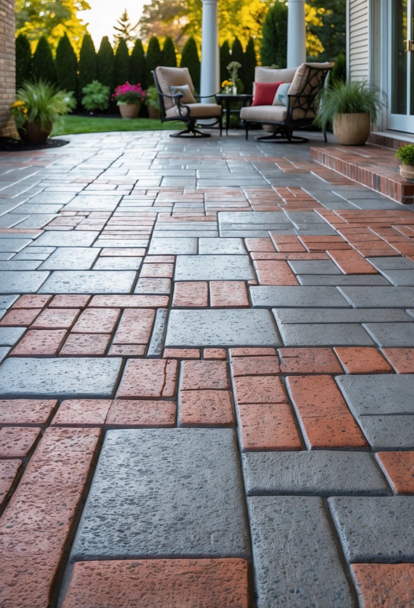 Outdoor patio with a brick-patterned stamped concrete surface in red and gray tones, surrounded by garden plants and outdoor furniture.