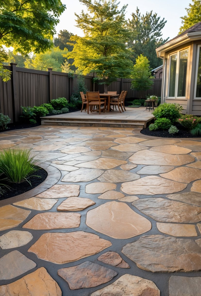 Outdoor patio with stamped concrete designed to look like flagstone in earthy colors, surrounded by greenery and outdoor furniture.