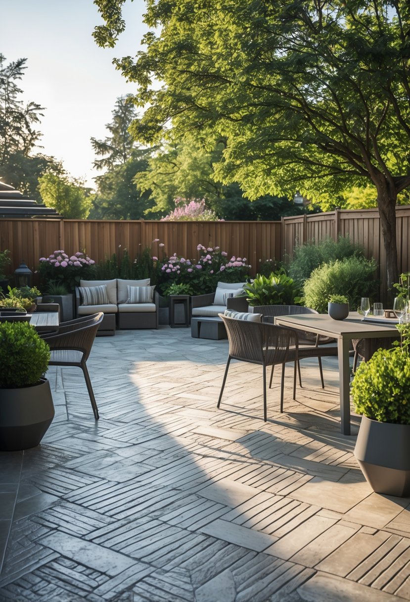 Outdoor patio with patterned concrete floor, modern furniture, plants, and garden in the background.