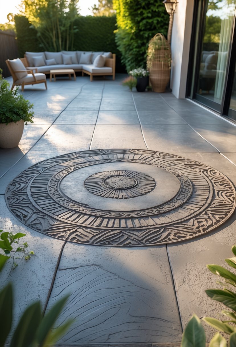 An outdoor patio with a large circular stamped concrete medallion centerpiece surrounded by patio furniture and greenery.