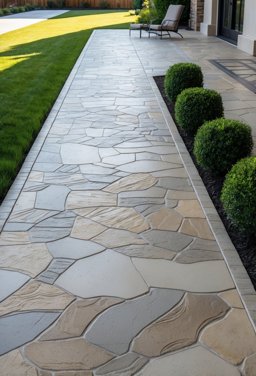 A seamless stamped concrete sidewalk with natural stone patterns next to a green lawn and shrubs, leading toward a home patio area with outdoor furniture.
