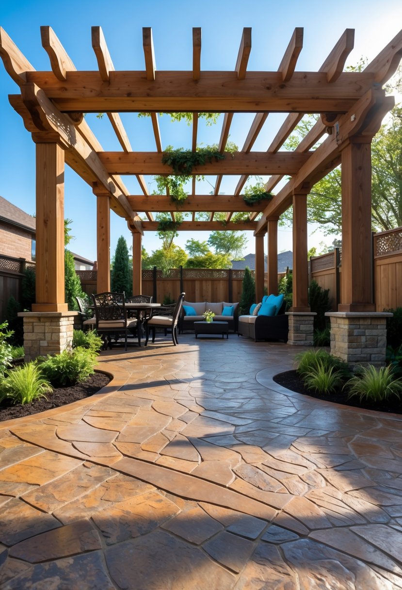 Outdoor patio with stamped concrete floor and wooden pergola surrounded by plants and outdoor furniture.