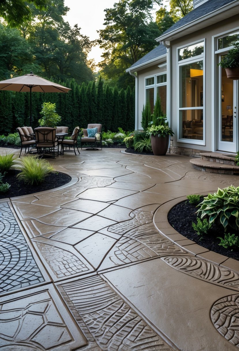 Outdoor patio with stamped concrete featuring engraved patterns, surrounded by greenery and outdoor furniture.