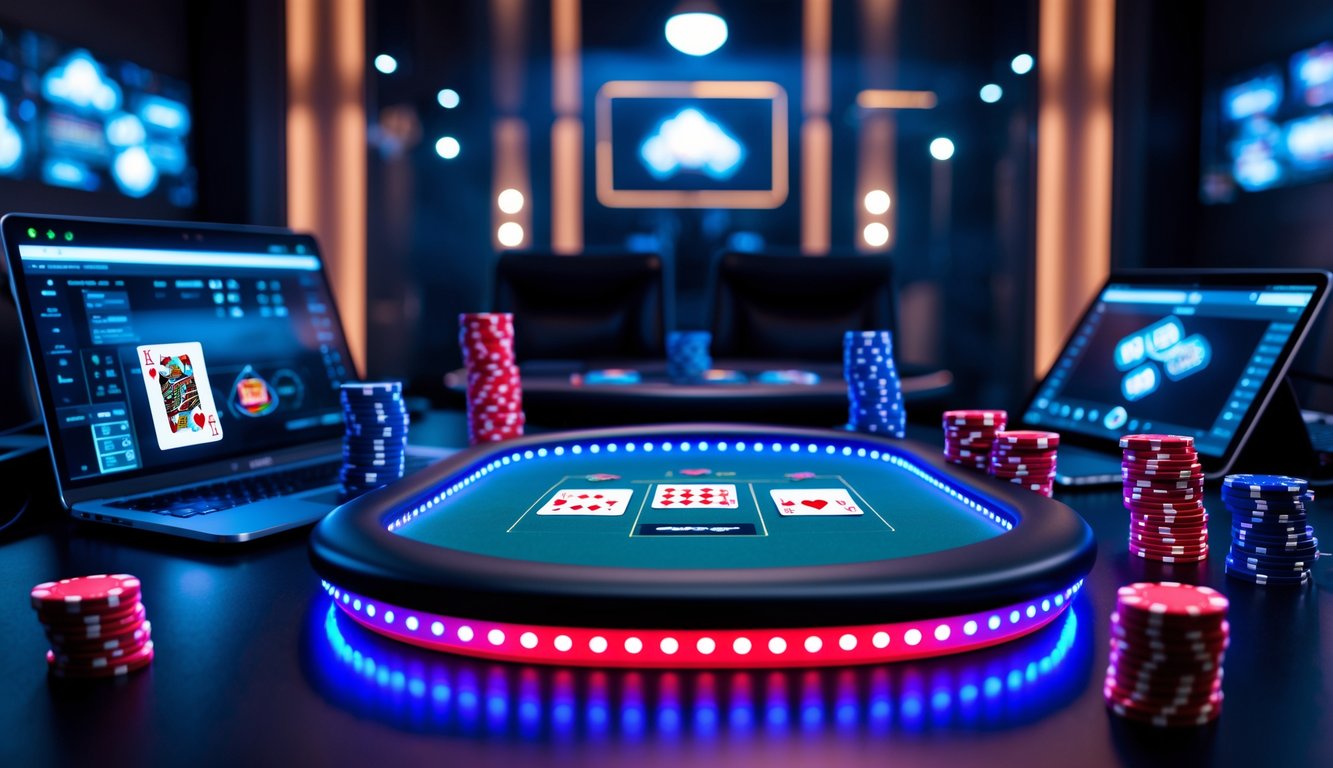 Meja permainan poker online dengan perangkat digital dan tumpukan chip dalam ruangan yang gelap.
