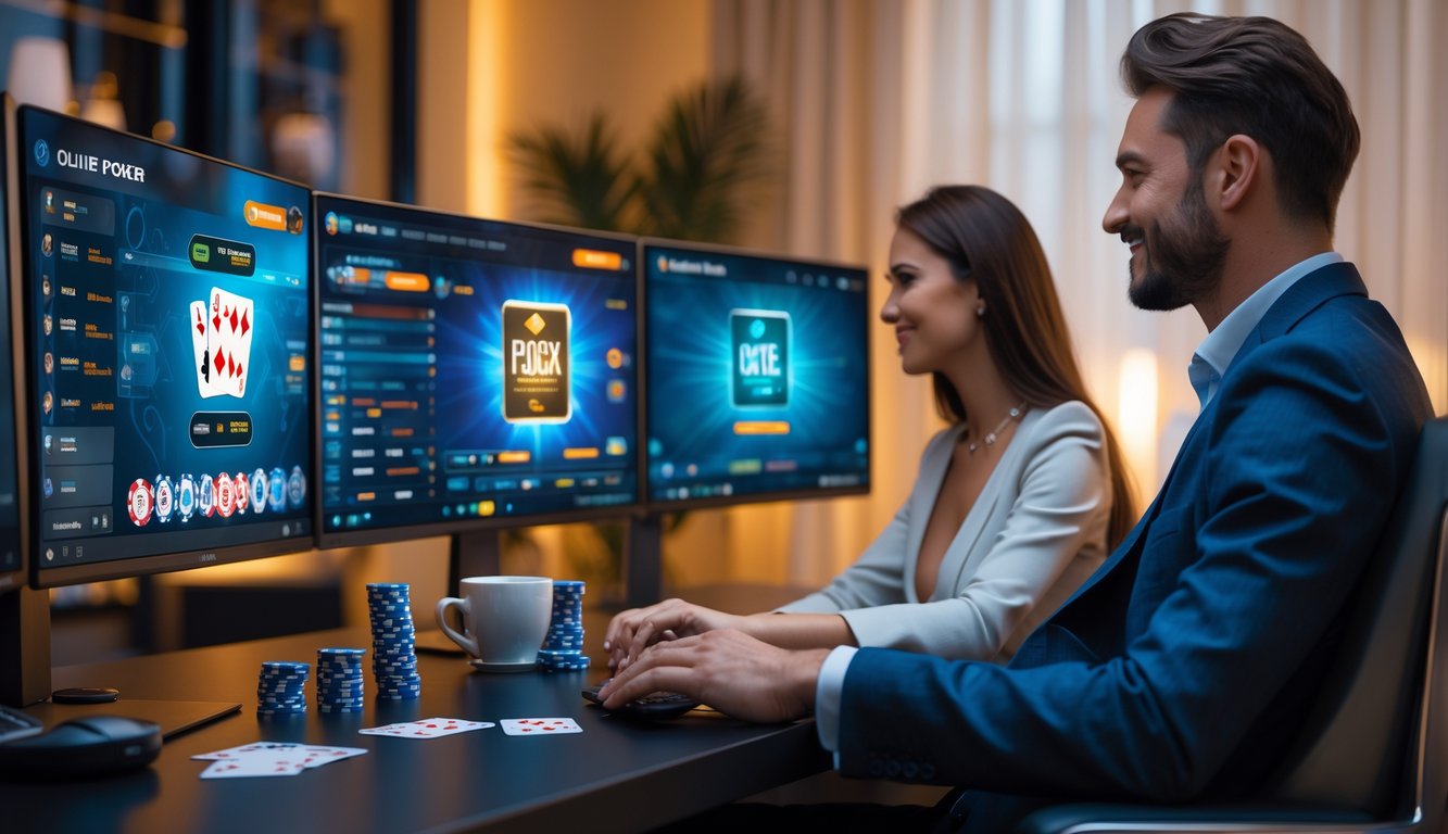 Seorang pria dan wanita bermain poker online di depan komputer di ruangan yang nyaman dan modern.