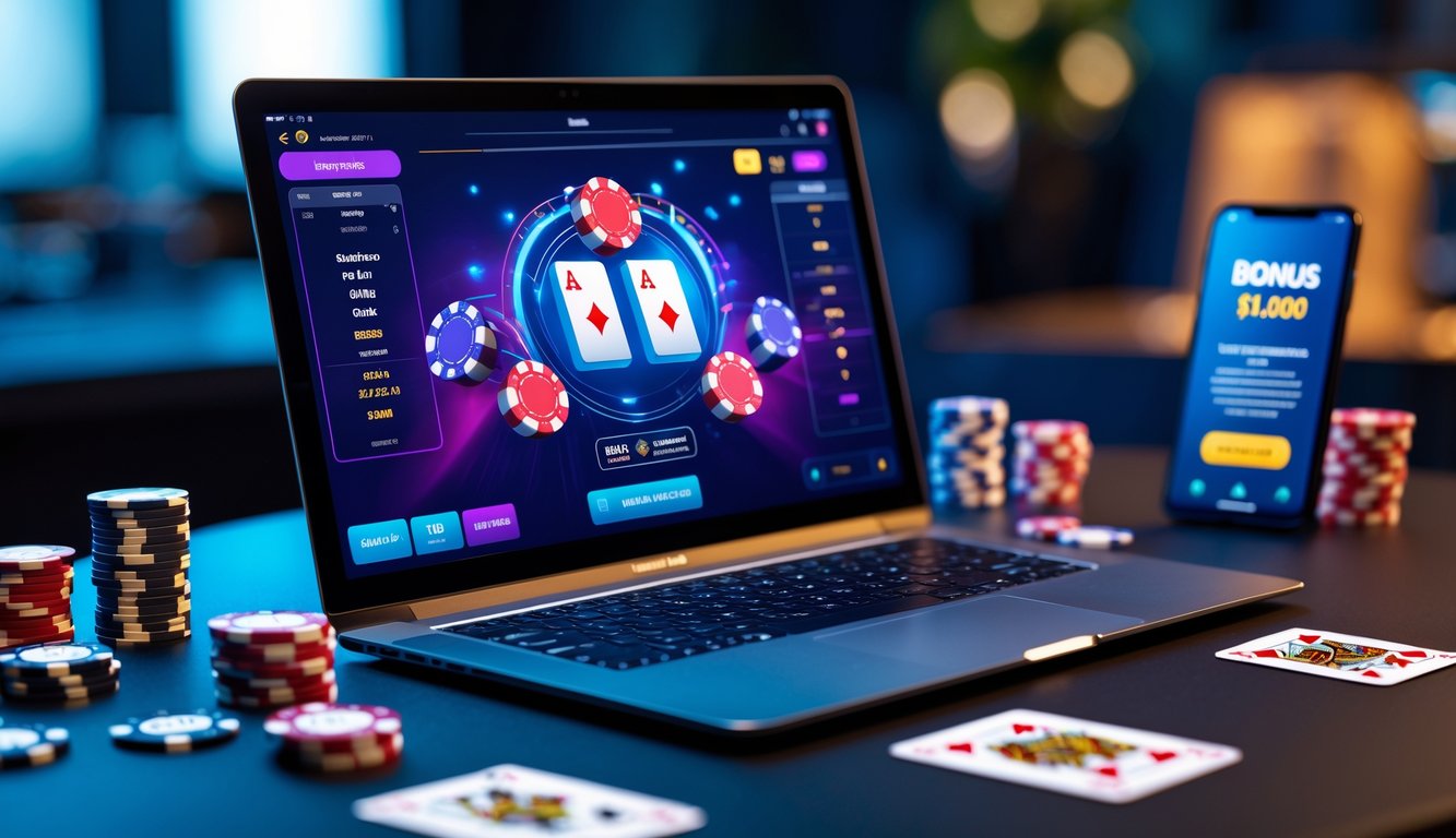 Sebuah meja kerja dengan laptop yang menampilkan permainan poker online, dikelilingi oleh chip poker dan kartu remi.