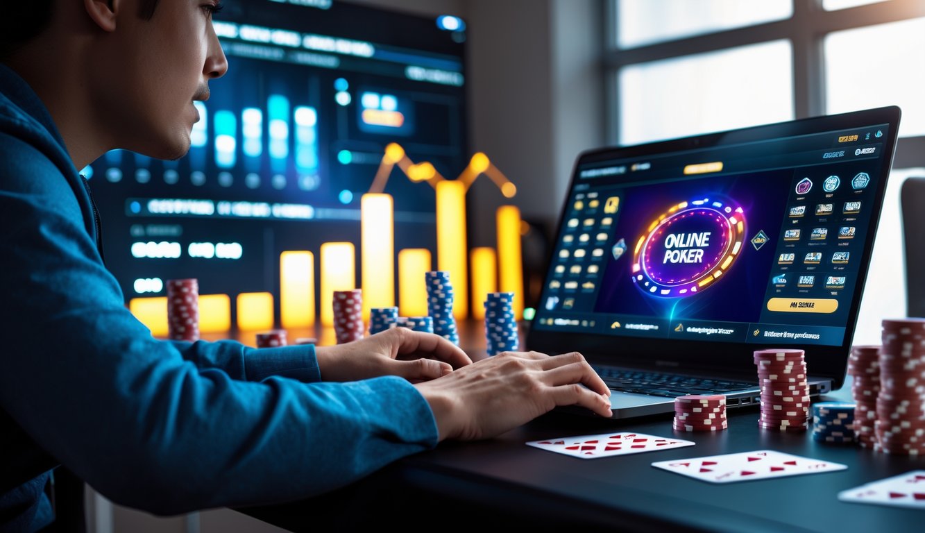 Seseorang sedang bermain poker online di laptop dengan tumpukan chip poker dan kartu di meja, suasana kompetisi yang menarik setiap hari.