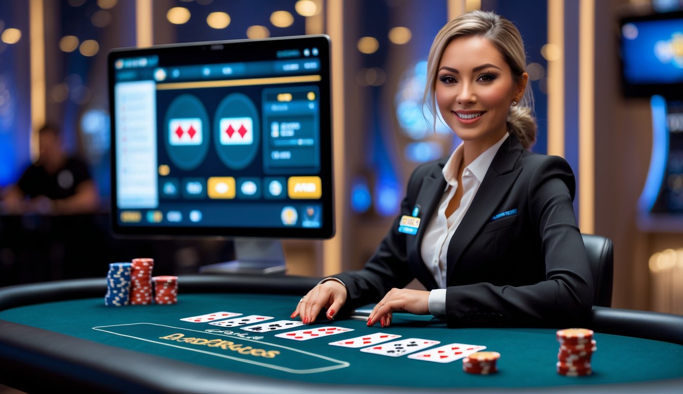 Seorang dealer wanita profesional sedang mengadakan permainan poker langsung di meja poker dengan chip dan kartu, di studio modern yang terang.